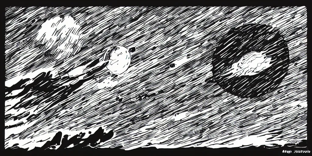 Prompt: ink lineart drawing of a shooting star towards a planet, comet, wide angle, seen from space, artstation, etchings, junji ito, chinese brush pen, illustration, high contrast, deep black tones contour