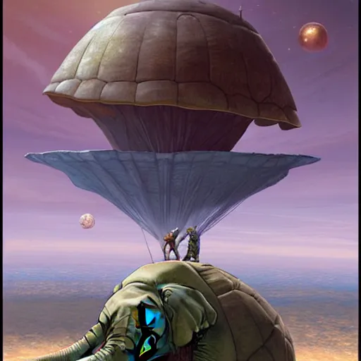 Prompt: a flat world on the back of four elephants, who are standing on the back of a giant turtle floating through space by Marc Simonetti