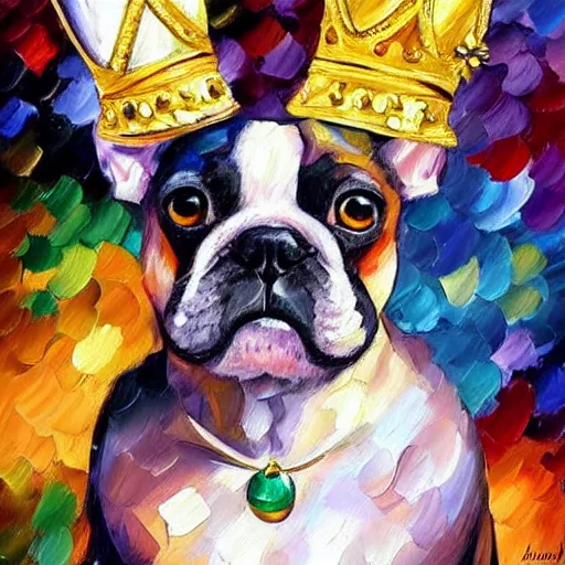 Prompt: portrait painting of a French bulldog wearing a crown and gold necklace by Leonid Afremov