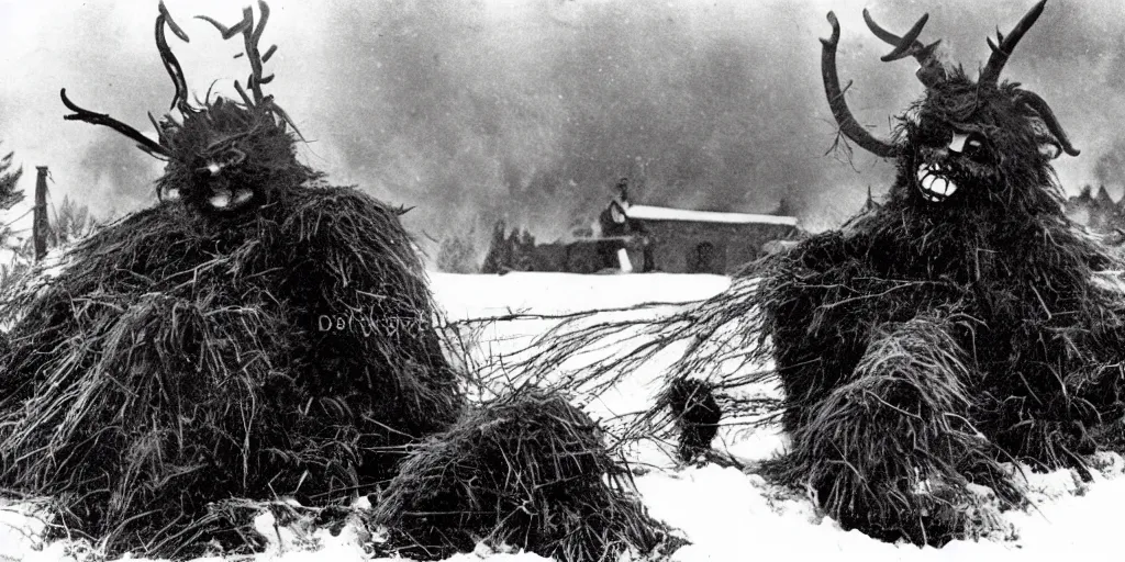 Image similar to 1 9 2 0 s photography of krampus hay monster burning on a pyre, submerged in snow