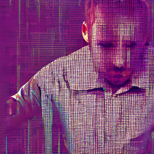 Image similar to hyperrealistic photograph of a contrite man trying to escape a monitor, digital art, glitch art