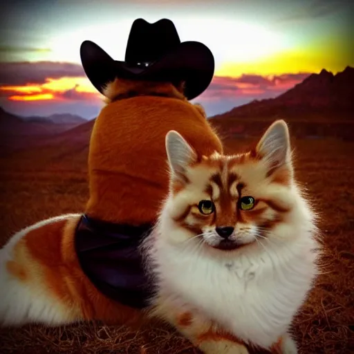 Image similar to siberian cat in a cowboy hat riding a corgi, wild west, sunset