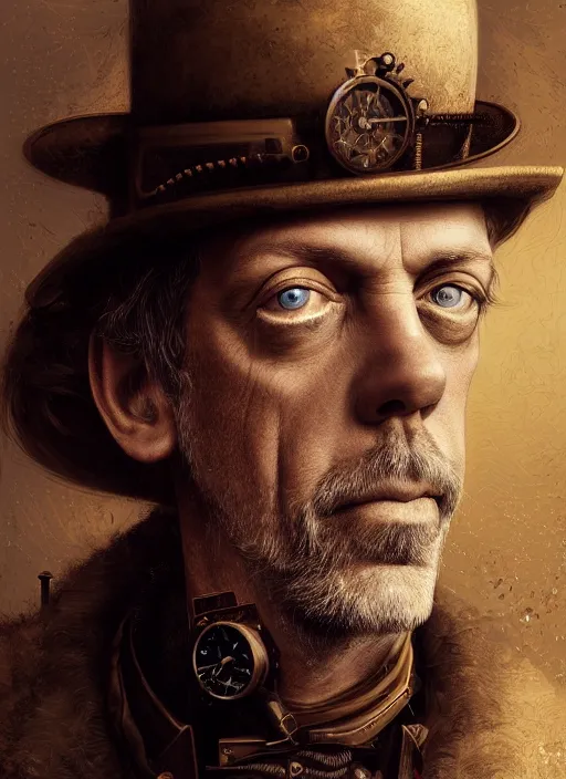 Image similar to steampunk portrait of hugh laurie, au naturel, hyper detailed, digital art, trending in artstation, cinematic lighting, studio quality, smooth render, unreal engine 5 rendered, octane rendered, art style by klimt and nixeu and ian sprigger and wlop and krenz cushart.