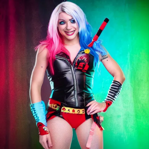 Image similar to alexa bliss as harley quinn, 4k, high detail, high-resolution photograph