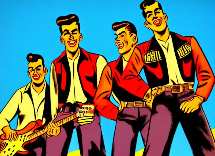 Prompt: rockabilly band 1950s, high detail, golden hour, 8K, by jack kirby