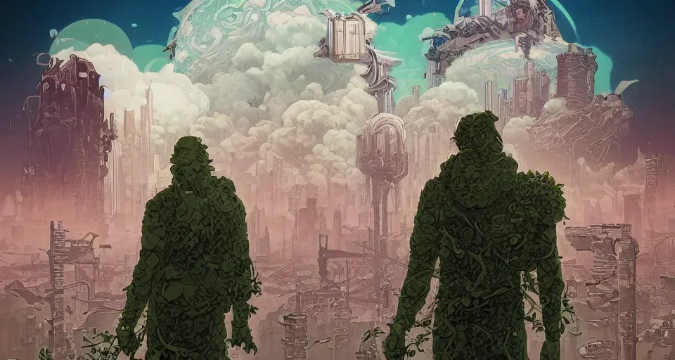 Image similar to poster artwork by michael whelan and tomer hanuka, portrait of druid in postapocalyptic city intertwined with nature and forest floating in in the clouds of jupiter, epic composition, clean, art deco