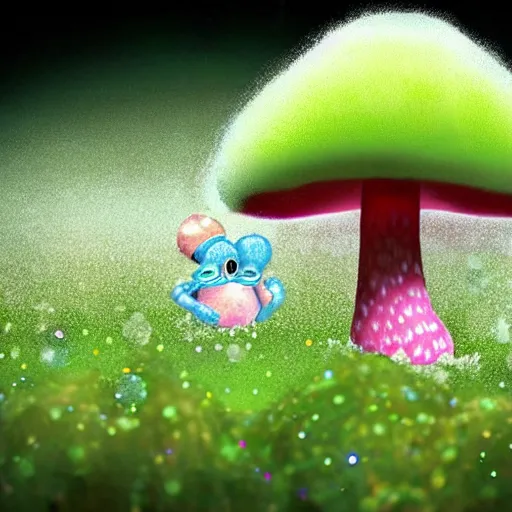 Image similar to an aesthetically pleasing fluffy fuzzy curly furred strawberry cow in a cottagecore mushroom filled forest with a tiny green frog sitting on a toadstool, pink fog, glitter, sparkles and shimmers, ambient occlusion, God rays, national goegraphic