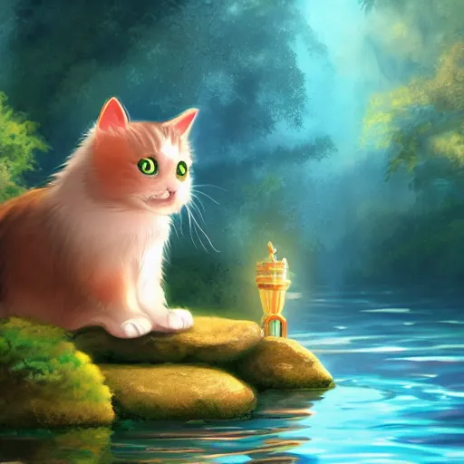 Prompt: A cat swimming in water, Japanese anime style, fantasy matte painting，cute, rich colors, high details，light effect，Disney Style，trending on unreal engine and artstation，8kHDR，