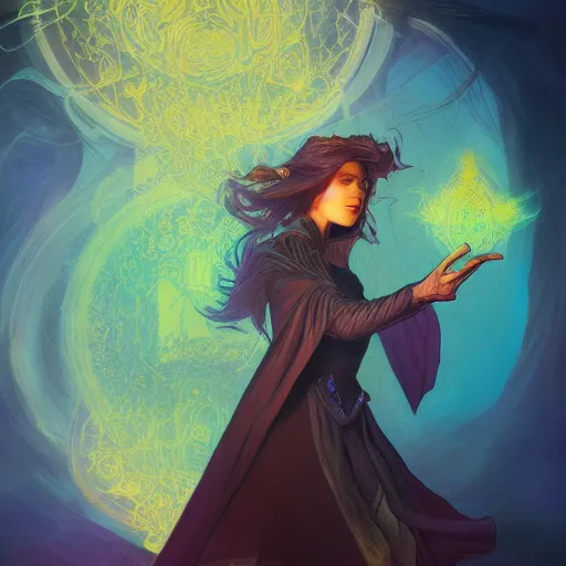 Image similar to portrait of a female sorcerer using magic, blueish aura by her side, dynamic pose, chromatic aberration, medium level shot, grim fantasy, illustration, mucha style, concept art,