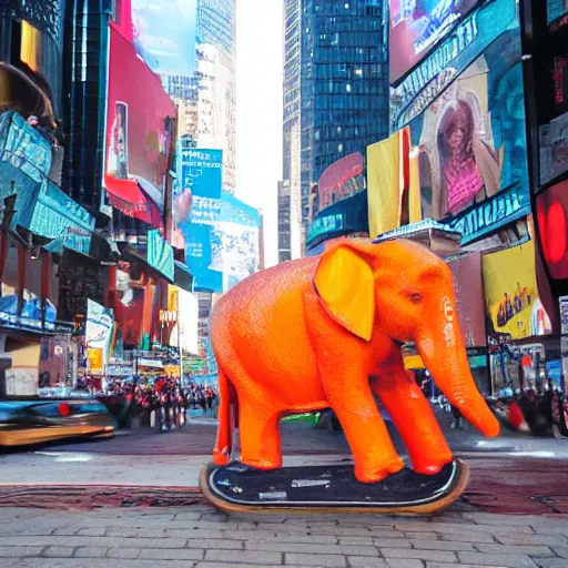 Image similar to an orange elephant on a skateboard in times square at sunset