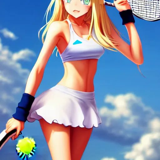 Prompt: a very beautiful young anime tennis girl, long blond hair, full body, ( sky blue eyes ), ( full round face ), short smile, bikini, miniskirt, highly detailed, cinematic wallpaper by stanley artgerm lau