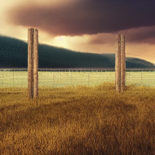 Image similar to an endless fence that is 1 0 0 0 feet tall, in a field with rolling hills, birds high in the sky, dystopian, rim, masterpiece oil painting, octane render, by barlowe, by kincaid 4 k