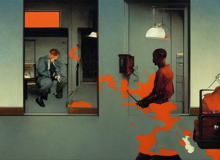 Image similar to a still from the tv series the wire by francis bacon and norman rockwell and james jean and mark brooks, triadic color scheme, by greg rutkowski, syd mead and edward hopper and norman rockwell and beksinski, dark surrealism, orange and turquoise