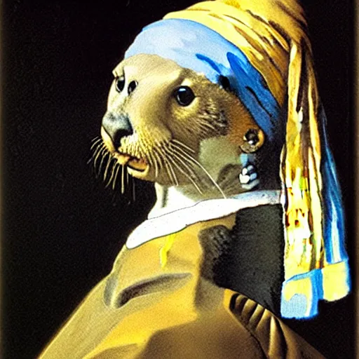 Image similar to a sea otter with a pearl earring, by Johannes Vermeer