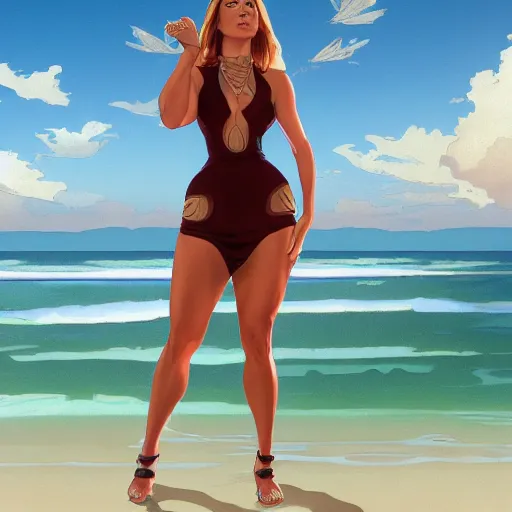 Prompt: full body portrait of addison rae wearing a skintight dress in a beach, large thighs, intricate, elegant, highly detailed, digital painting, artstation, smooth, sharp focus, illustration, art by artgerm and greg rutkowski and alphonse mucha, 8 k