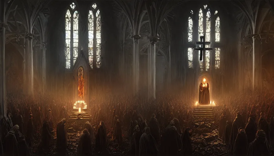 Prompt: dark rotting priest conducts rite of baptism, destroyed church, blood, symbols, religion, death, fear, horror, ultra realistic, hyperrealism,, fine details, detailed and intricate environment, by stephan koldi, by marc simonetti, 4 k