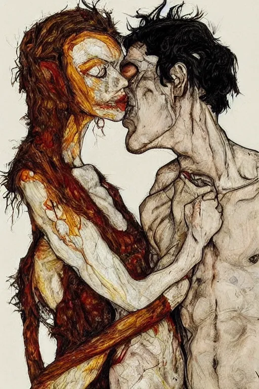 Image similar to two kissing characters in style of herakut and egon schiele, masterpiece, centered, hyperdetailed, complex, intricate, veiled, 4 k, dynamic!! trending on artstation,