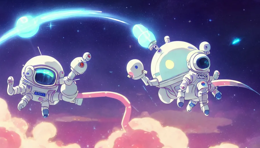 Prompt: a still of a cute kawaii astronaut android riding a large neon kaiju dragon, a detailed and dynamic outer space bsckground, a dramatic composition by wlop and greg rutkowski and makoto shinkai and studio ghibli and kyoto animation cute bubbly clothing, highly detailed, digital painting, matte