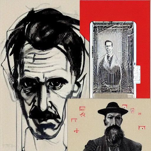 Image similar to portrait of nikola tesla in wardenclyffe tower, hanafuda oil on canvas by ivan shishkin, james jean and yoji shinkawa