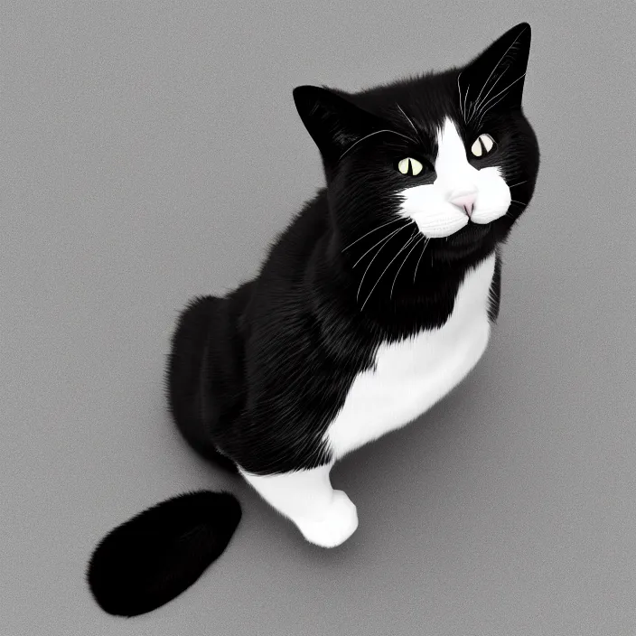 Image similar to low polygon, 3 d render, cat with black and white fur, isometric view, white background, high definition