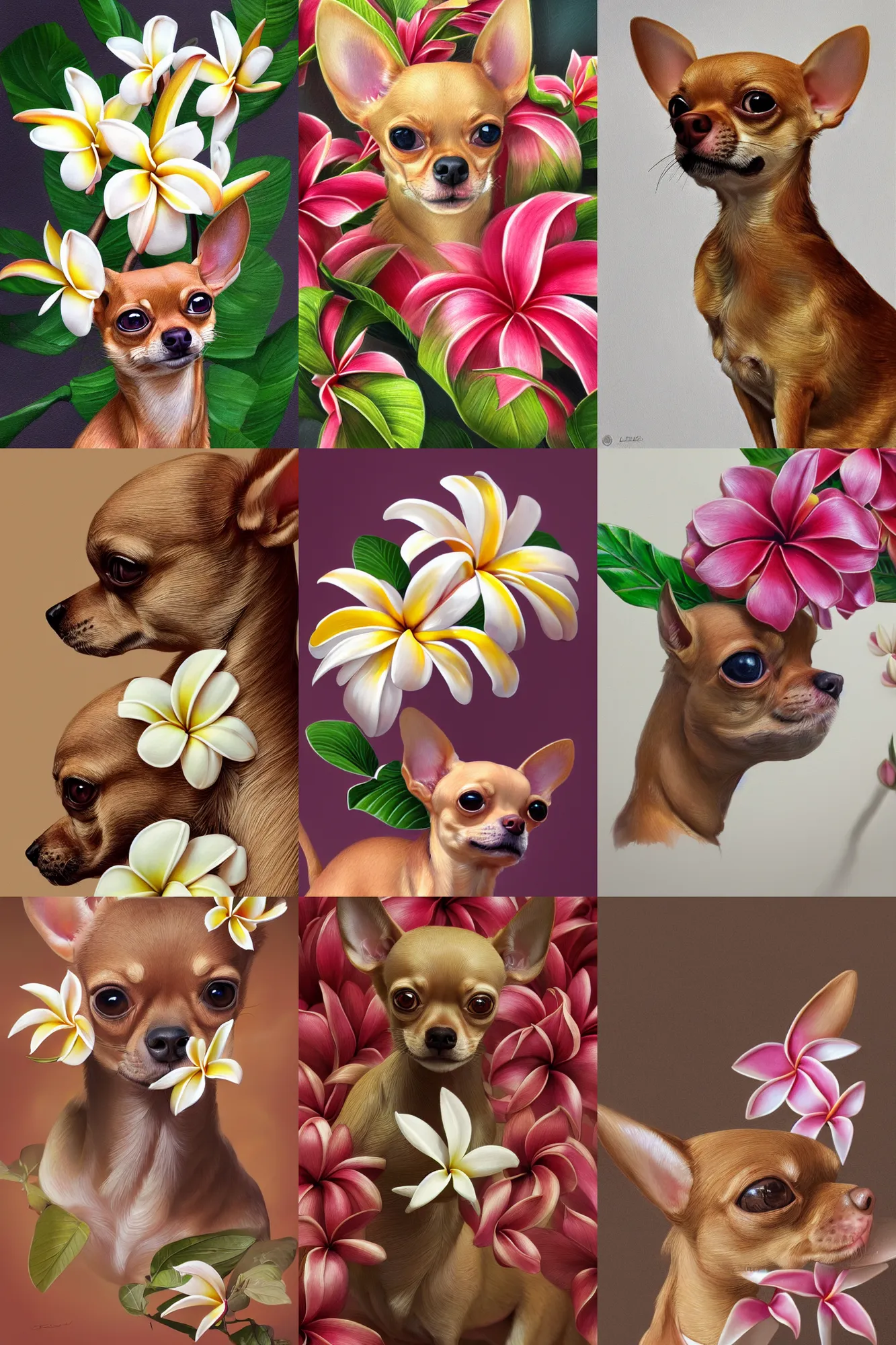 Prompt: ultra realistic illustration, portrait of a tan chihuahua plumeria tropical bouquet, close up shot, fantasy, intricate, elegant, highly detailed, digital painting, artstation, concept art, smooth, sharp focus, illustration, surrealism