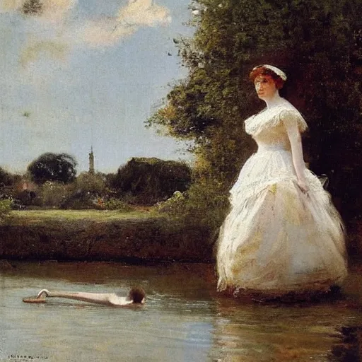 Image similar to young victorian lady in ball gown wading through a river, painted by alfred stevens