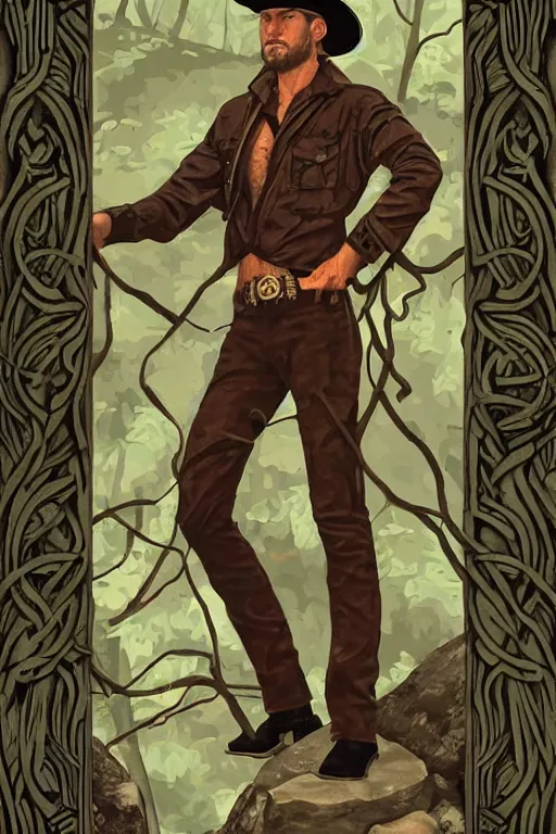 Prompt: a beautiful tarot! card of a open-shirt handsome cowboy wearing a cowboy hat forging a path through a mountainous forest, homoerotic, art deco, art nouveau, by Mark Maggiori, trending on artstation