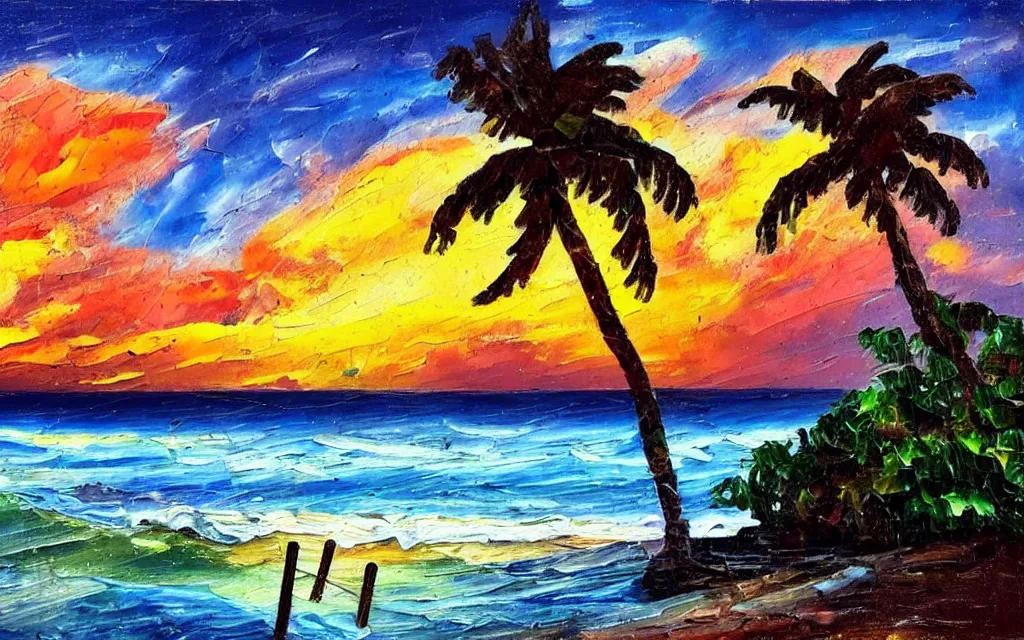 Image similar to a very very small island! with a cute cozy large cottage!! on it and a paved patio!! with chairs and string lights!, palm trees, very late evening cloudy sunset, dramatic and dynamic lighting, thick brush strokes oil impasto painting