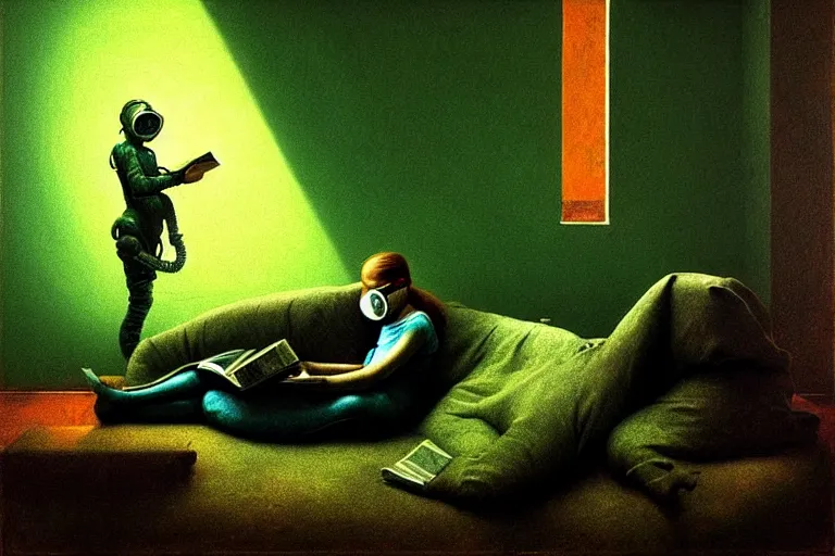 Image similar to hyperrealistic girl wearing a gas mask lying on the sofa reading a book in her room, in the style of beksinski, solarpunk, exact anatomy, atmospheric, clean, intricate and epic composition, green by caravaggio, insanely quality, highly detailed, masterpiece, blue light, artstation, 4 k