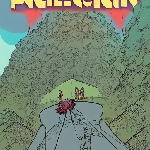 Image similar to polygon, ligne claire art of a sparse village intertwined with nature, by Moebius, bright colors, Eisner award-winning spread