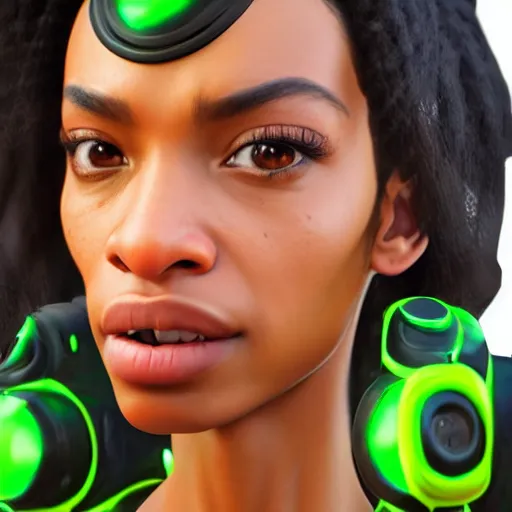 Prompt: female lucio, portrait, in-game 3D model, official artwork, digital art, hyperrealistic, unreal engine 5, sharp focus,