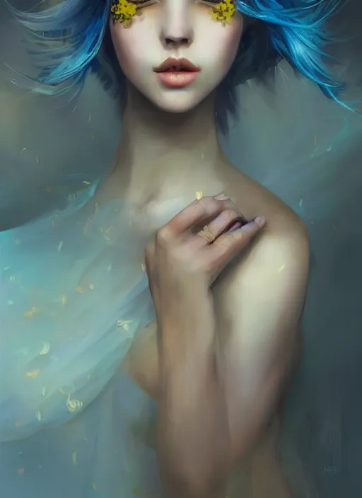 Image similar to a gorgeous flower princess portrait by WLOP, emerald yellow eyes, blue hair, digital painting, beautiful lighting, ominous, cgsociety