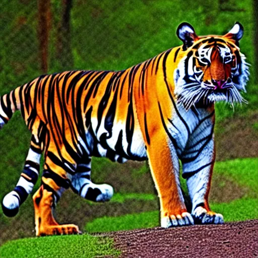 Prompt: a warning sign for tigers ahead, photo