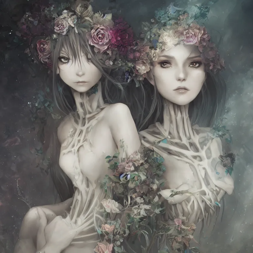 Prompt: Stunning Anime Goddess part skeleton of the floral river flowers, Kissing her king in a dark romance, misty, by cgsociety, in the style of Charlie Bowater, Tom Bagshaw, intricate, beautiful, artstation 8k, high resolution