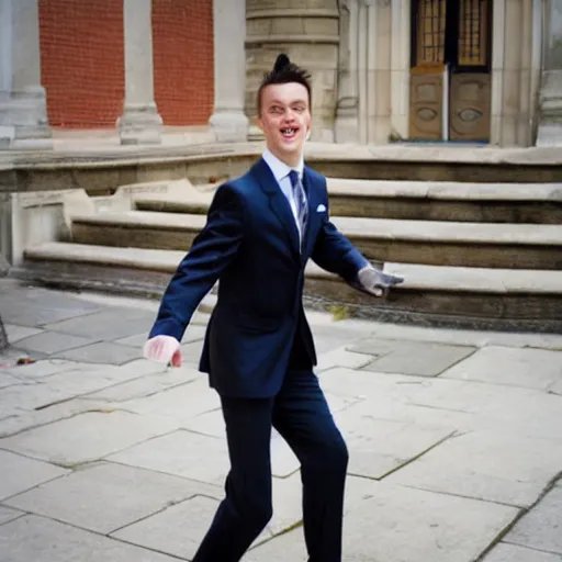 Image similar to a handsome young man auditing for the ministry of silly walks.