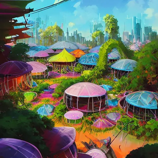 Prompt: hippie bohemian encampment with tie - dye tents and a garden with solar panels. a futuristic city in the distance. art by jesper ejsing, by rhads and tyler edlin, cgsociety, panfuturism, dystopian, bold colors, digital art, cyberpunk, expressive brushstrokes. anime aesthetic