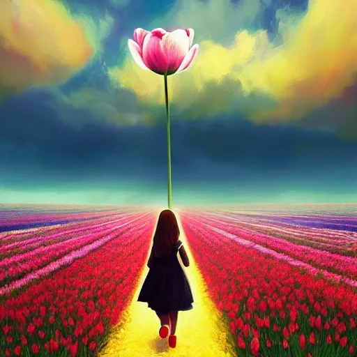 Image similar to large tulip as a head, girl walking in a flower field, surreal photography, sunrise dramatic light, impressionist painting, colorful clouds, digital painting, artstation, simon stalenhag