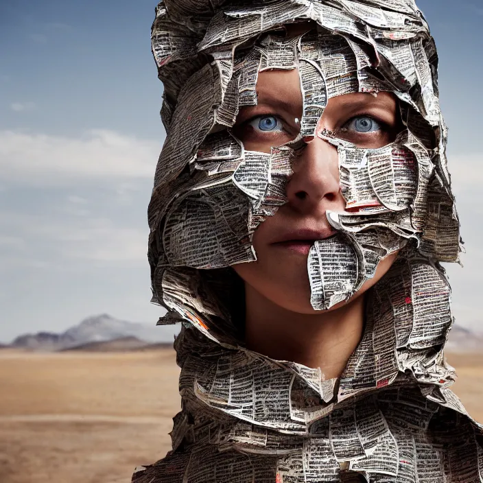 Prompt: closeup portrait of a woman with a hood made of newspaper and confetti, standing in a desolate apocalyptic landscape, by Annie Leibovitz and Steve McCurry, natural light, detailed face, CANON Eos C300, ƒ1.8, 35mm, 8K, medium-format print