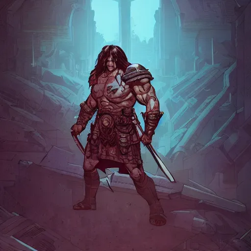 Image similar to cell shaded cartoon, a portrait of a fully armored conan the barbarian, illustration, wide shot, subtle colors, concept art by josan gonzales and wlop, laurie greasley, jordan grimmer and james jean, highly detailed, sharp focus, trending on artstation, hq, deviantart, art by artgem