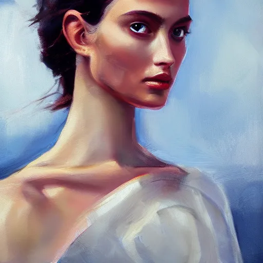 Image similar to a vogue model, oil painting, pale colors, high detail, 8 k, wide angle, trending on artstation,