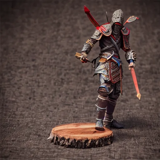 Prompt: 3 d printed fantasy miniature figure warrior on a wooden table photography realistic, detailed