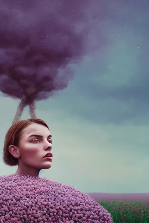 Prompt: portrait, enormous daisy flower face, a girl wearing coat in heather field, surreal photography, wind and cold, dramatic sky, impressionist painting, digital painting, artstation, simon stalenhag