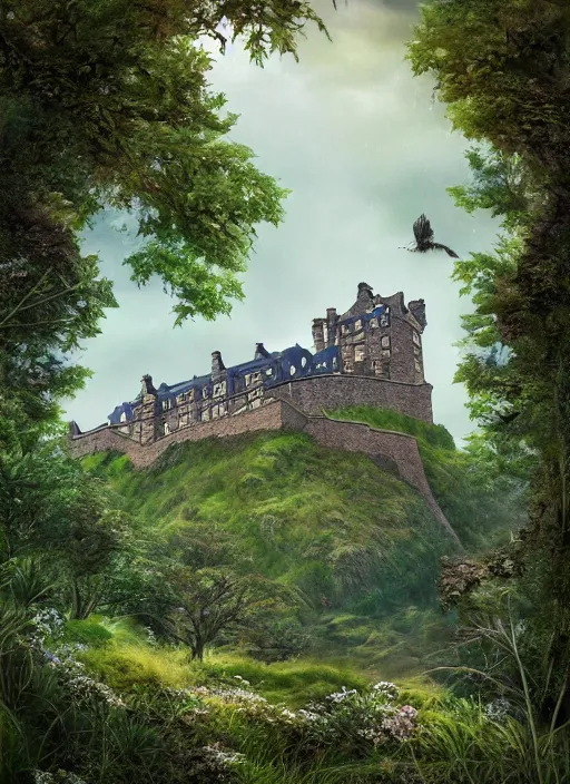 Prompt: a beautiful digital graphics design portrait of Edinburgh castle overgrown with plants, caledonian forest, matte painting, fantasy art, highly detailed