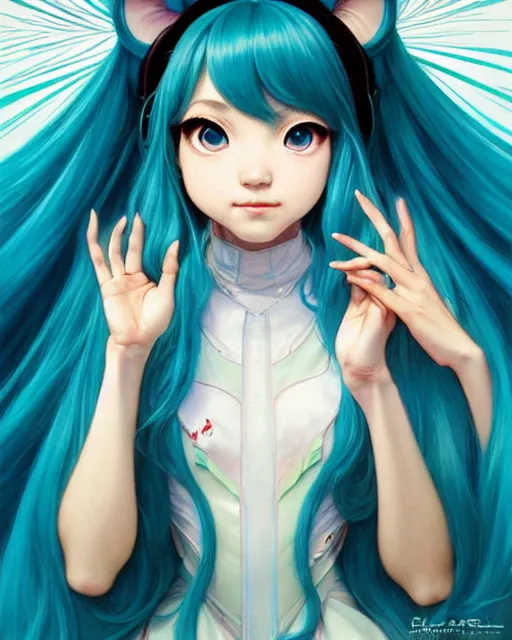 Image similar to portrait of disney hatsune miku!!!!!!!!!!, intricate, elegant, highly detailed, digital painting, artstation, concept art, smooth, sharp focus, illustration, art by artgerm and greg rutkowski and alphonse mucha and uang guangjian and gil elvgren and sachin teng and wlop, symmetry!!