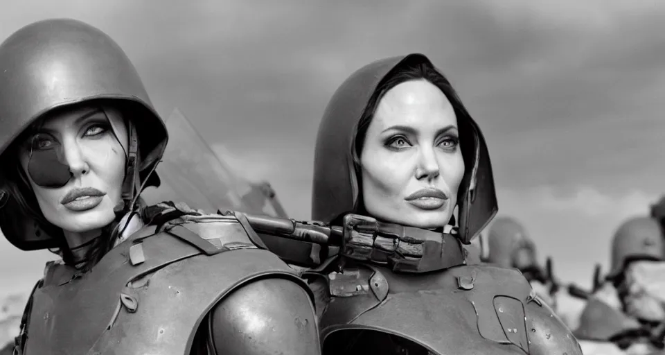Prompt: cinematic shot of angelina jolie in a beautiful female body armor during d - day, movie still