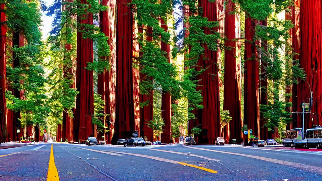 Image similar to Market Street lined with Redwood Trees by bruce mccall; Futuristic City in Harmony with Nature; Location: San Francisco, California;