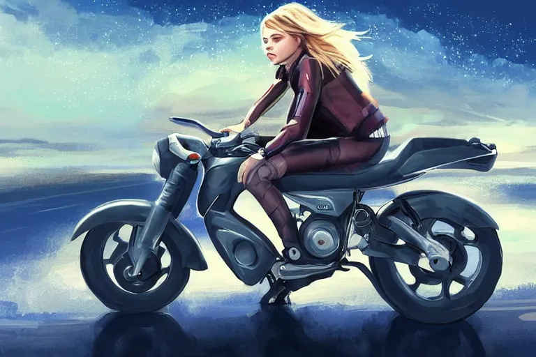 Prompt: chloe grace moretz is riding a motorbike, digital painting, artstation, the space background, concept art, illustration,