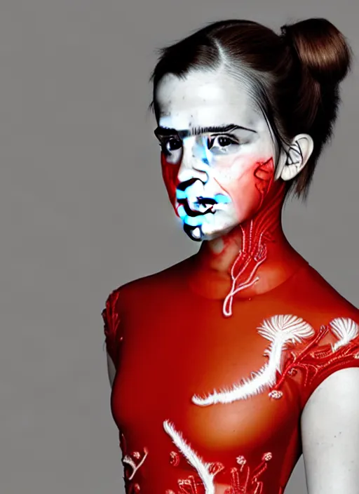 Image similar to emma watson portrait of a woman wearing a red embroidered translucent silicone mask and frizzy hair buns, wearing a white bodysuit by alexander mcqueen, white background, soft diffused light, biotechnology, futuristic aesthetic, translucent, ethereal, intricate details, highly detailed, masterpiece,