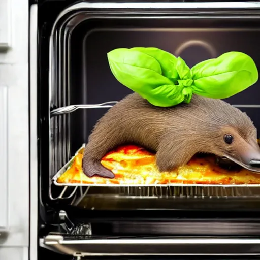 Image similar to platypus wearing a chef hat while putting a lasagna in an oven, with three basil leaves over the lasagna