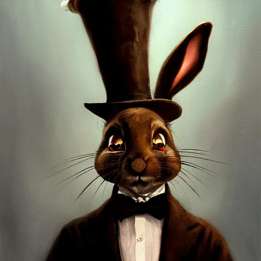 Image similar to oil painting of an anthropomorphic rabbit dressed like a female magician with long ears, holding a top hat and a magic wand, urban fantasy art by seb mckinnon, artstation npc character design, top - rated